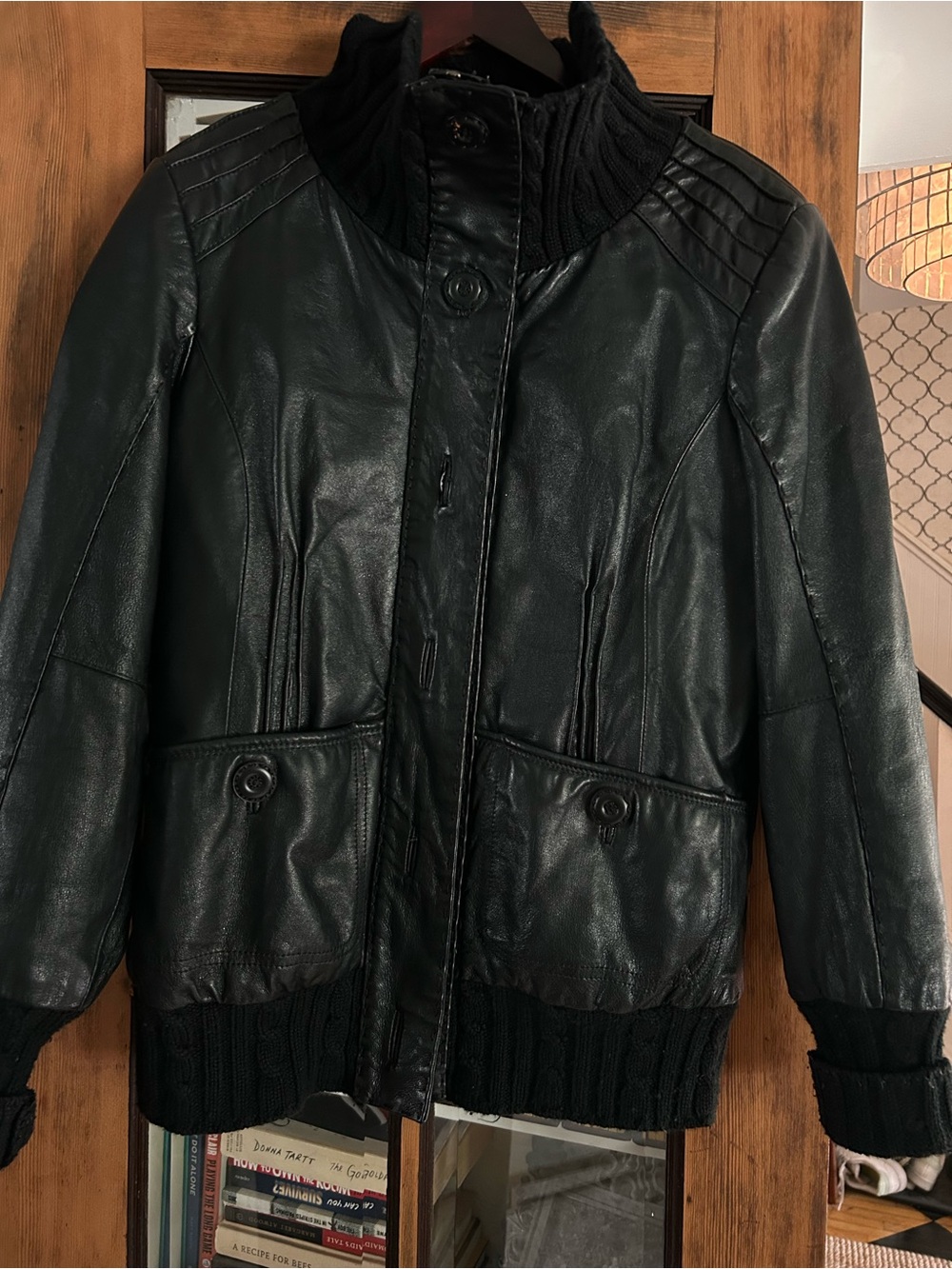 Womans Black Leather Jacket with Knit Trim
